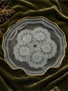 Crystal Clear Studios White Lace Fluted Round Platter Gold Gilt Vintage